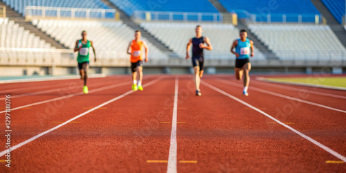 Four runners compete on a track in a stadium blurred grandstand view dynamic sports action