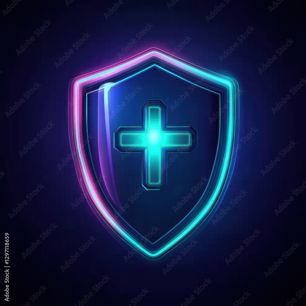 Obraz premium A glowing neon shield icon featuring a cross, symbolizing protection and health.