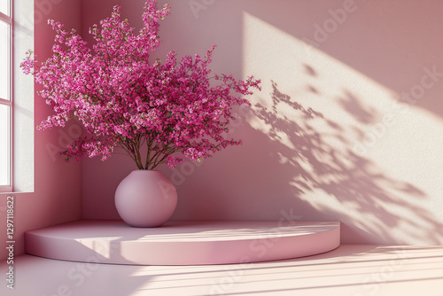 A soft pink background, ele...