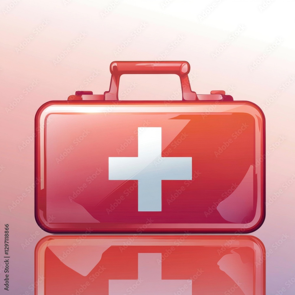 Fototapeta premium A glossy red first aid kit with a white cross symbol, reflecting light against a gradient background.