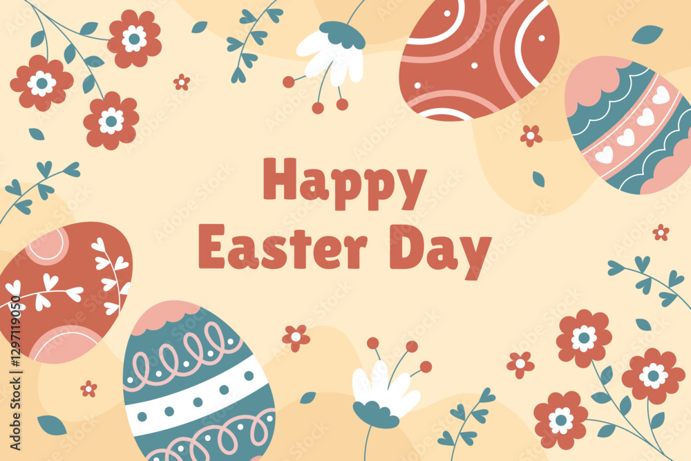 Obraz premium Spring Easter Celebration Banner Template with Colorful Easter Eggs and Fresh Green Leaves. Perfect for Holiday Greetings, Invitations, and Seasonal Promotion