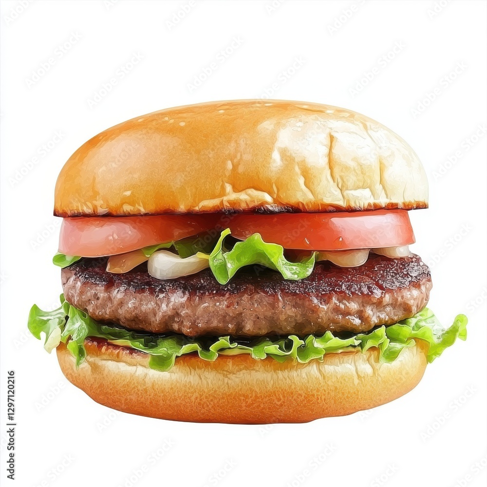 Deliciously crafted beef burger with fresh lettuce, tomato, and a golden bun. Deliciously crafted beef burger with fresh lettuce, tomato, and a golden bun.