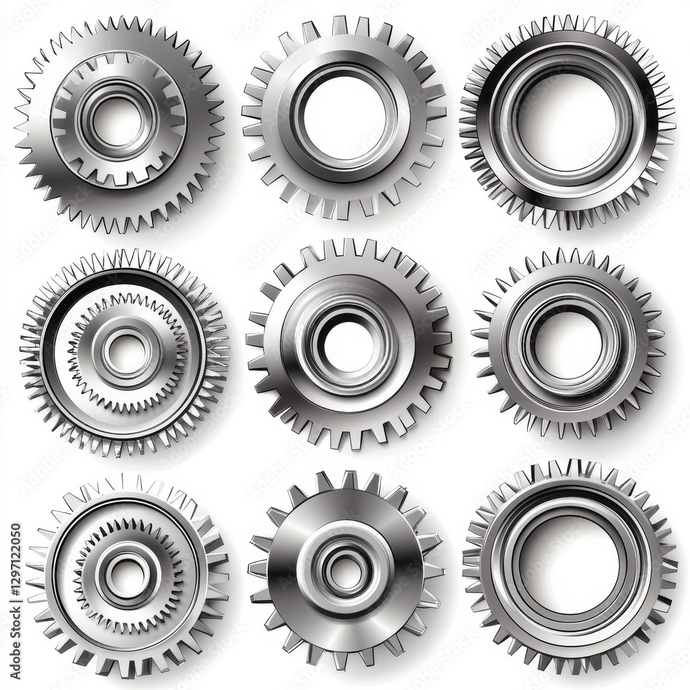 A collection of silver metallic gears arranged in a 3x3 grid, showcasing intricate designs and textures. A collection of silver metallic gears arranged in a 3x3 grid, showcasing intricate designs and textures.