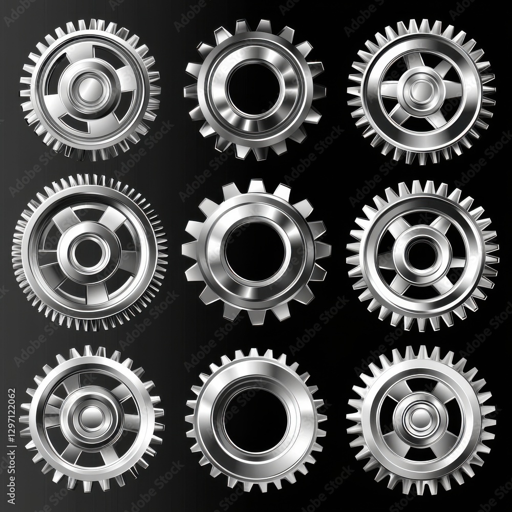 A collection of nine metallic gears arranged on a dark background, showcasing intricate designs and textures. A collection of nine metallic gears arranged on a dark background, showcasing intricate designs and textures.