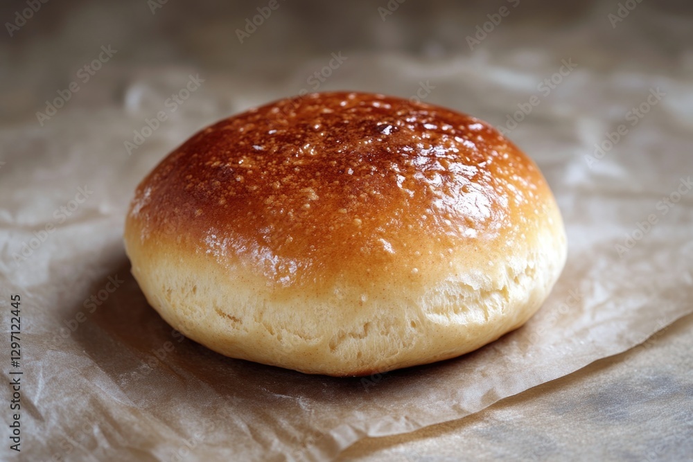 A close-up view of a single bun placed on a piece of paper, ideal for use in recipes or food-related content A close-up view of a single bun placed on a piece of paper, ideal for use in recipes or food-related content
