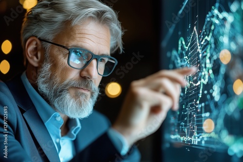 High-tech executive meeting showcases futuristic holographic charts in luxury office setting with modern design elements