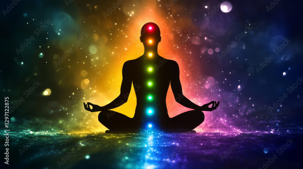 Meditative Silhouette with Chakra Alignment Colors Meditative Silhouette with Chakra Alignment Colors