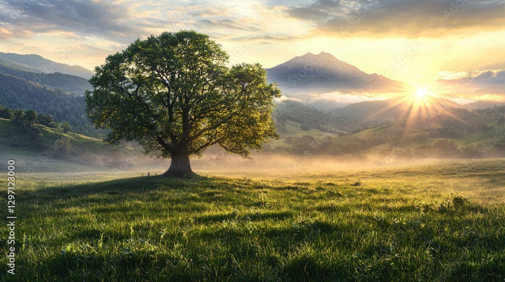 Fototapeta premium Sunrise over misty mountain valley, lone tree, peaceful landscape; nature background