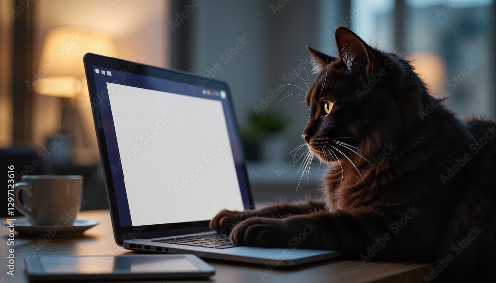 Cat interacting with laptop in cozy indoor setting Cat interacting with laptop in cozy indoor setting