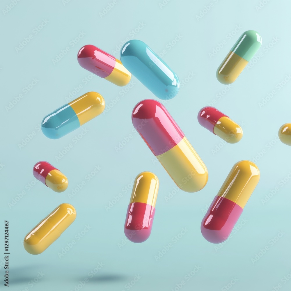 Colorful capsules floating against a soft blue background, symbolizing health and wellness. Colorful capsules floating against a soft blue background, symbolizing health and wellness.