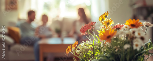 Family Embracing with Flowers in Foreground