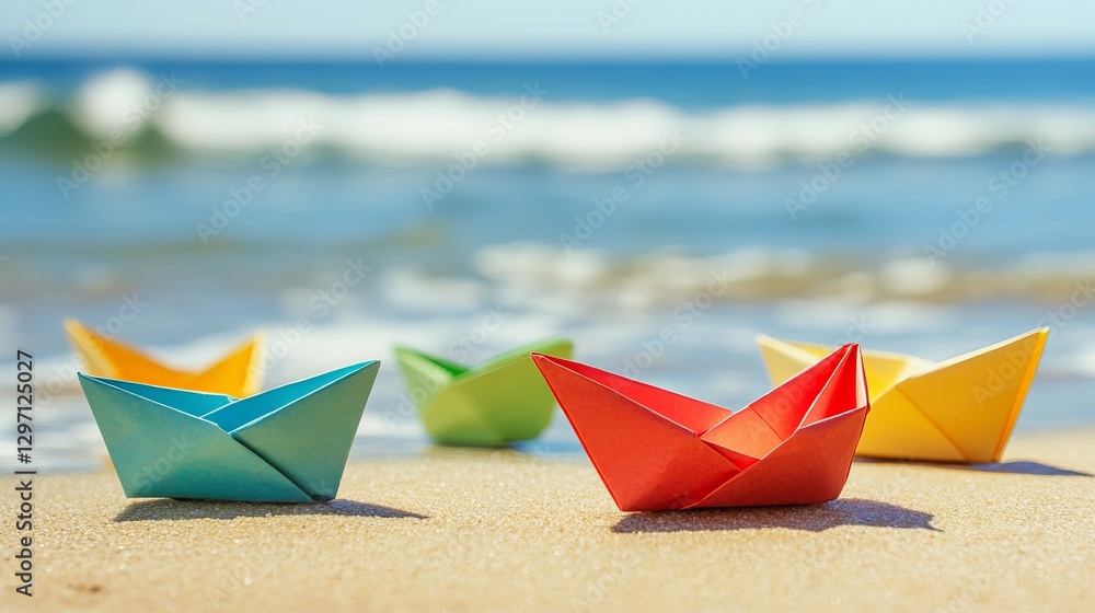 Closeup of multicolored paper boats resting on a sandy beach with the ocean in the background evoking summer vacation and travel Closeup of multicolored paper boats resting on a sandy beach with the ocean in the background evoking summer vacation and travel