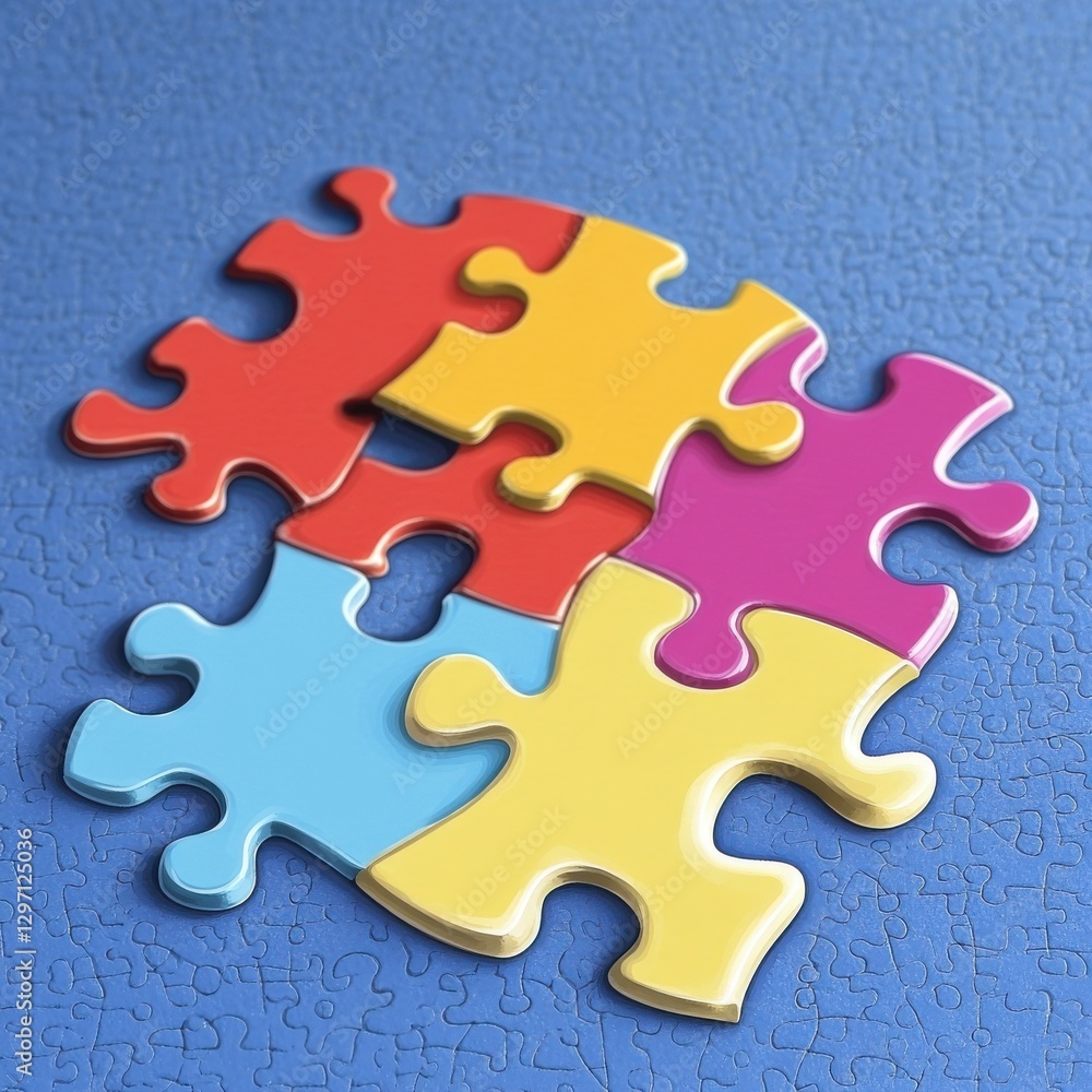 Fototapeta premium Colorful interconnected puzzle pieces creating a playful composition against a blue background.