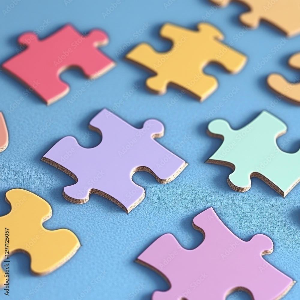 Colorful puzzle pieces arranged on a blue surface, showcasing creativity and playfulness. Colorful puzzle pieces arranged on a blue surface, showcasing creativity and playfulness.