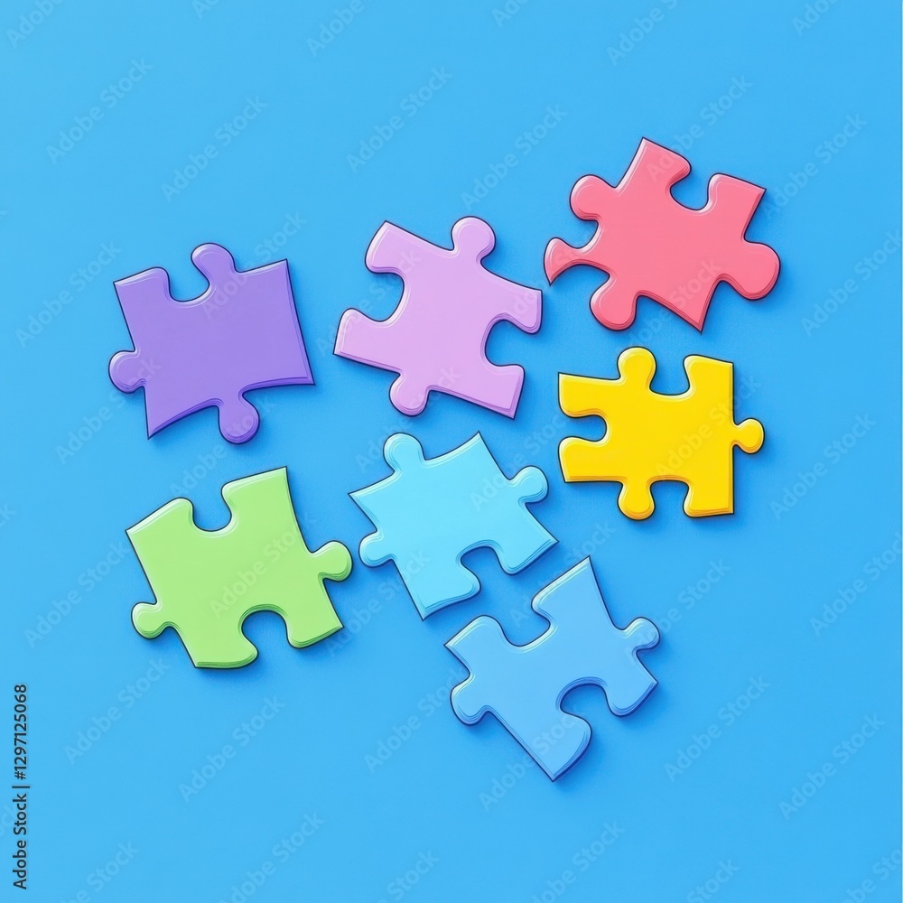 Colorful puzzle pieces scattered on a bright blue surface, inviting creativity and play. Colorful puzzle pieces scattered on a bright blue surface, inviting creativity and play.