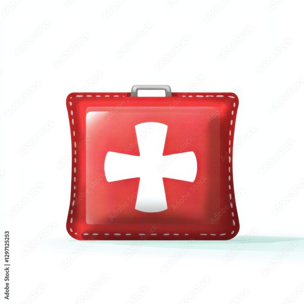 Obraz premium Illustration of a red first aid kit with a white cross for safety and health themes.