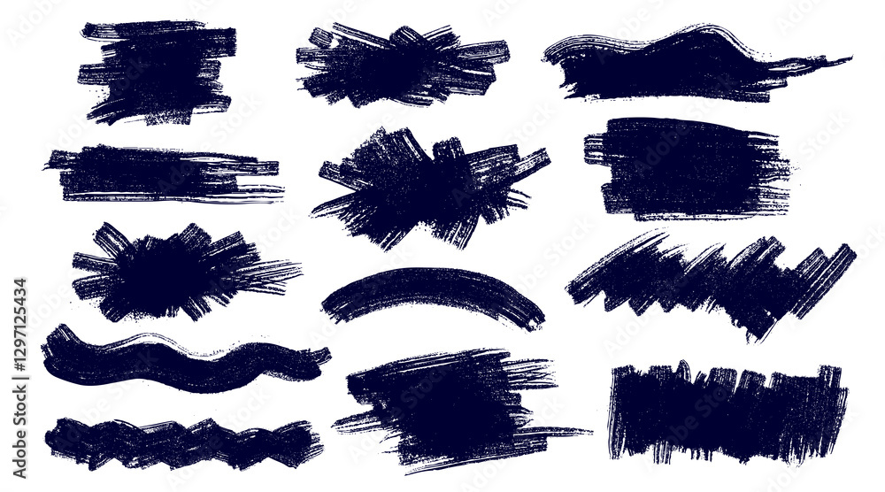 Αυτοκόλλητο Set of Brush Stroke, Hand Drawn Black Ink Paint Dry Brush, Grunge Lines