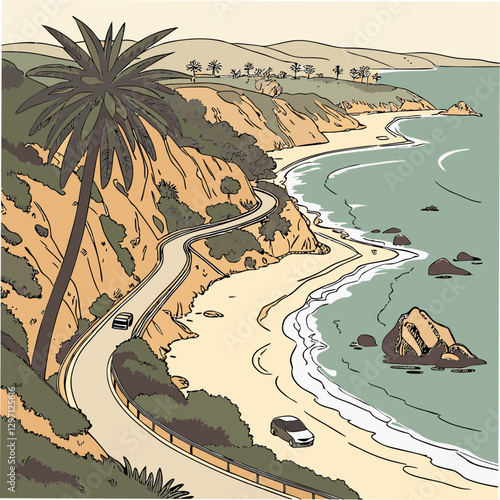 Sunbed and umbrella on a sandy beach, side view, perfect for relaxation and vacation vibes.