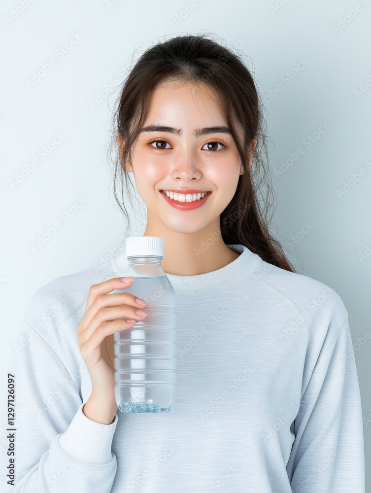 Asian female athlete refreshes with water in a bright, isolated setting on a white background during an active moment Asian female athlete refreshes with water in a bright, isolated setting on a white background during an active moment