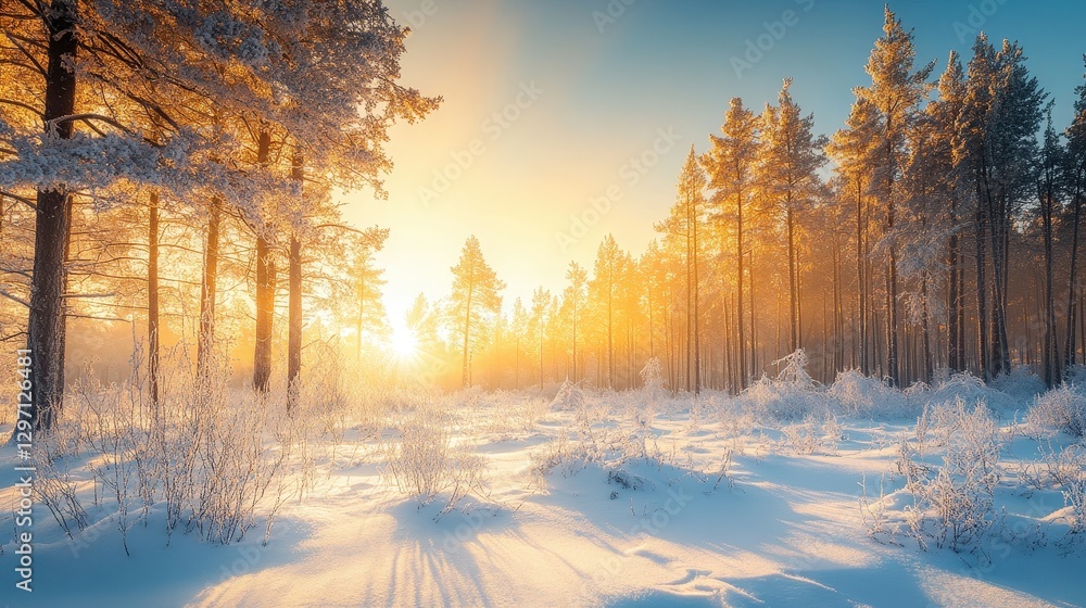 Fototapeta premium Magical Frost-Covered Forest at Sunrise with Glistening Trees