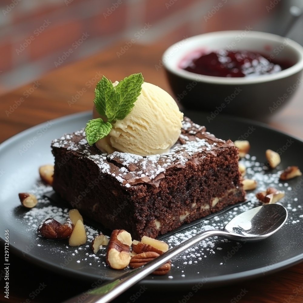 Decadent chocolate brownie with scoop of vanilla ice cream, garnished with mint leaves and served alongside berry compote on dark plate Decadent chocolate brownie with scoop of vanilla ice cream, garnished with mint leaves and served alongside berry compote on dark plate