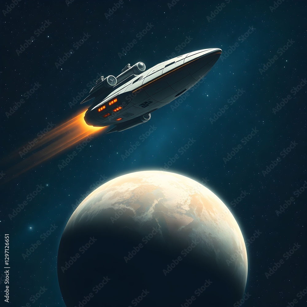 Spaceship flying around the planet Spaceship flying around the planet