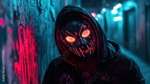 A person wearing a glowing mask in a neon illuminated alleyway