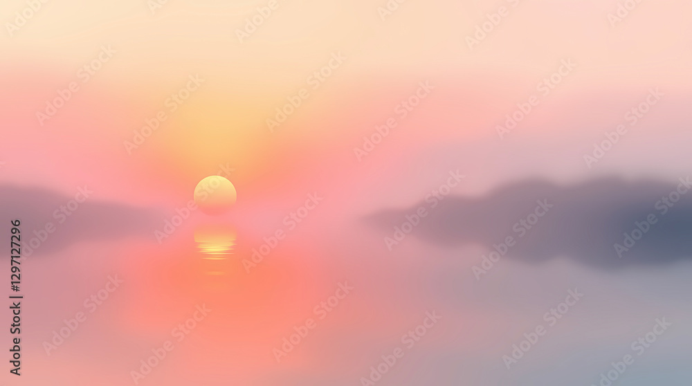 Abstract hazy sunrise over a calm lake. Mirrored orange and pink reflections Abstract hazy sunrise over a calm lake. Mirrored orange and pink reflections