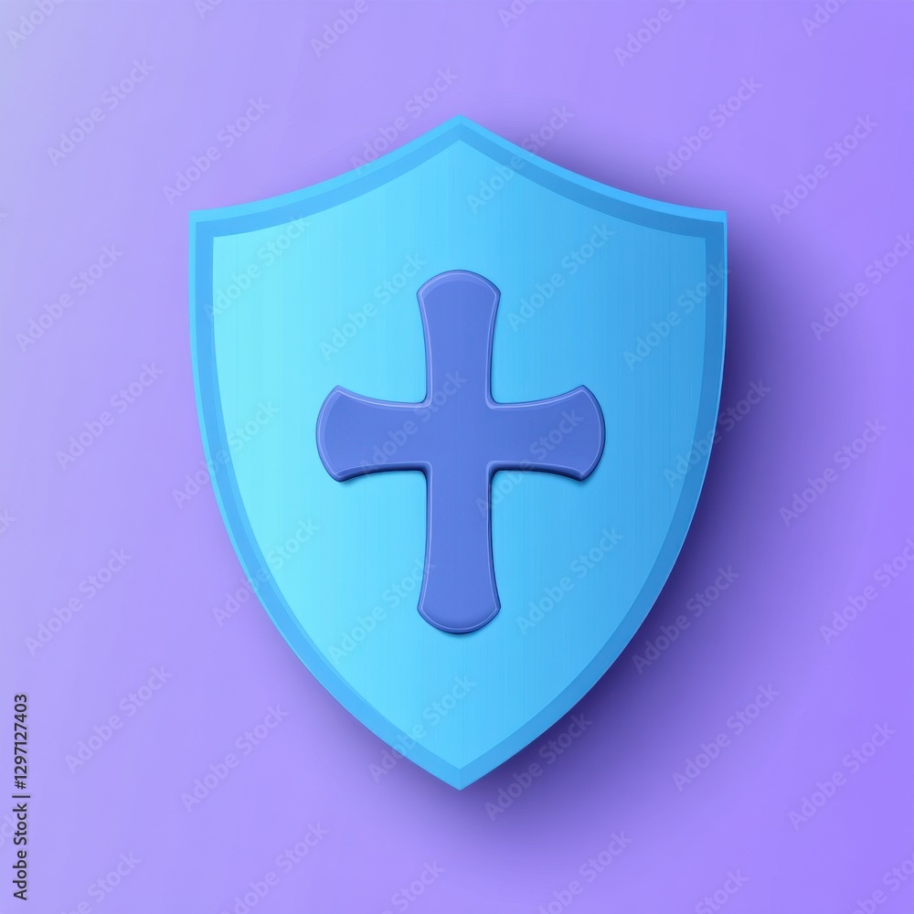 Obraz premium A blue shield icon featuring a cross on a vibrant purple background, symbolizing protection and faith.