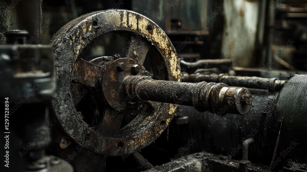 An old and rusted mechanical gear covered with thick oil An old and rusted mechanical gear covered with thick oil