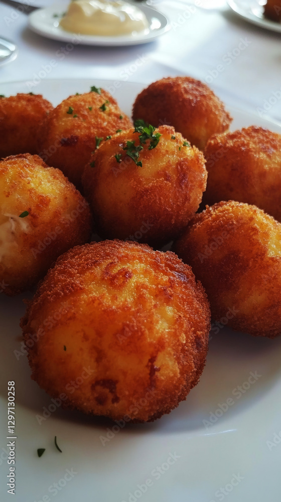 Crispy croquetas with rich bechamel sauce and a smooth interior, garnished with fresh parsley and paired with tangy aioli for added flavor, traditional Spanish dish Crispy croquetas with rich bechamel sauce and a smooth interior, garnished with fresh parsley and paired with tangy aioli for added flavor, traditional Spanish dish