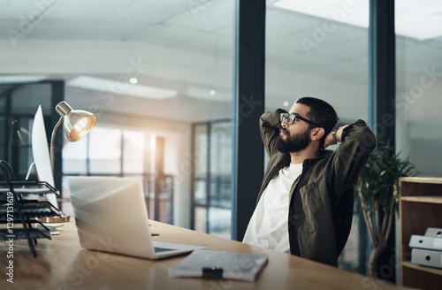 Fotografie Business man, break or relax in office for freedom, thinking or complete deadline on computer in creative startup