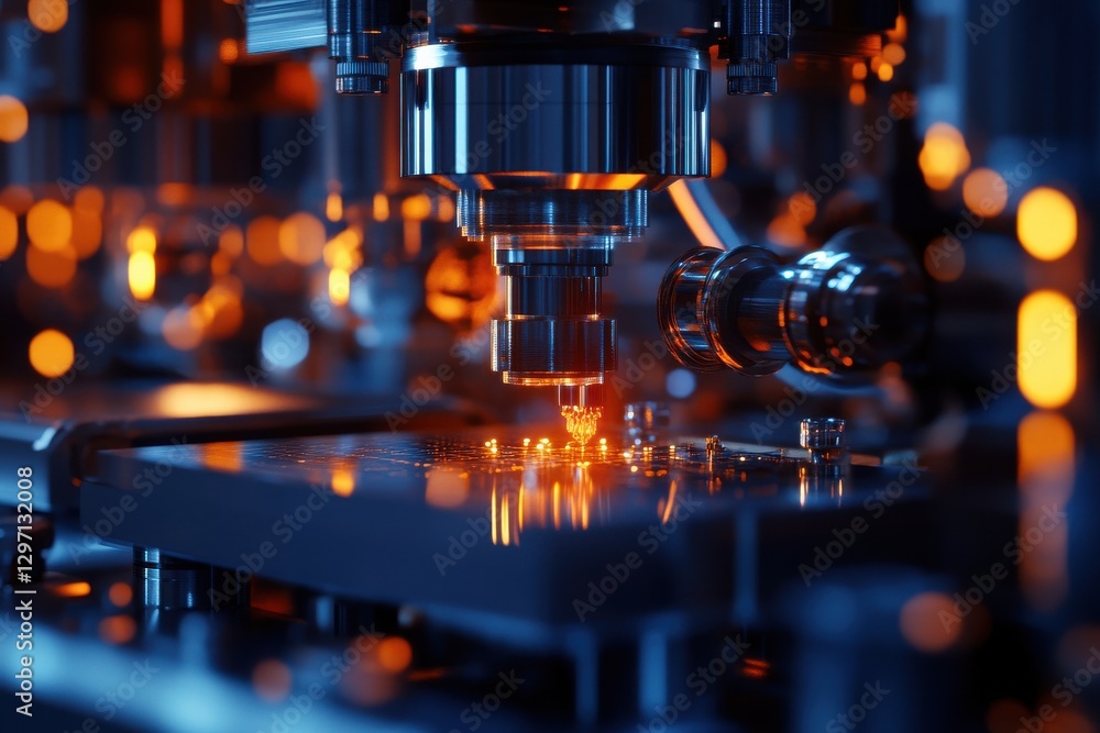 Close-up of a precision machine performing intricate operations with a sharp focus on metallic components. Close-up of a precision machine performing intricate operations with a sharp focus on metallic components.