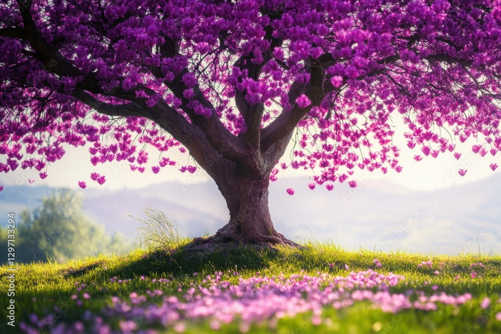 A captivating scene of a tree with vibrant purple blossoms gracing a green hillside, creating a serene and picturesque landscape. A captivating scene of a tree with vibrant purple blossoms gracing a green hillside, creating a serene and picturesque landscape.