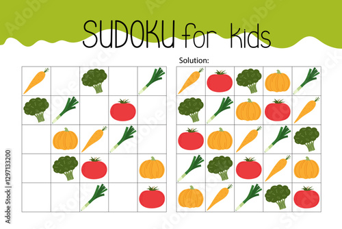Vegetables sudoku educational game or leisure activity worksheet hand drawn illustration, printable grid to fill in missing images, food topical vocabulary, puzzle with solution, teacher resources