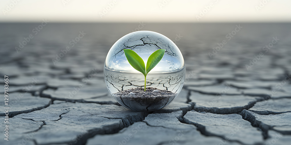 Fototapeta premium Resilience in Arid Lands: A Young Plant Thrives in a Glass Sphere Amidst Cracked Earth, Symbolizing Hope and the Fragility of Life. Water is Precious!
