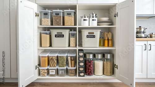 Pantry Organization: A beautifully organized pantry with a variety of food items neatly stored in clear containers, showcasing a blend of order and aesthetics.