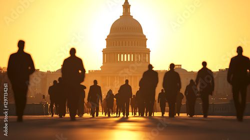 Silhouetted people walk toward a government building during sunrise. Light flares from the building's dome. A new day dawns.