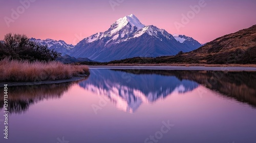 Majestic Sunrise at Alpine Lake with Snow-Capped Peak Reflection