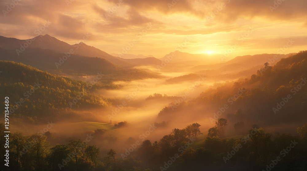 Obraz premium Misty sunrise over the mountains landscape view.