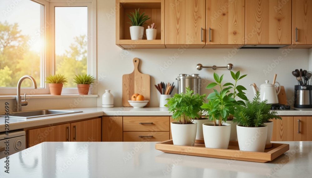 Fototapeta premium Herb garden on kitchen counter in morning light, cozy home vibe