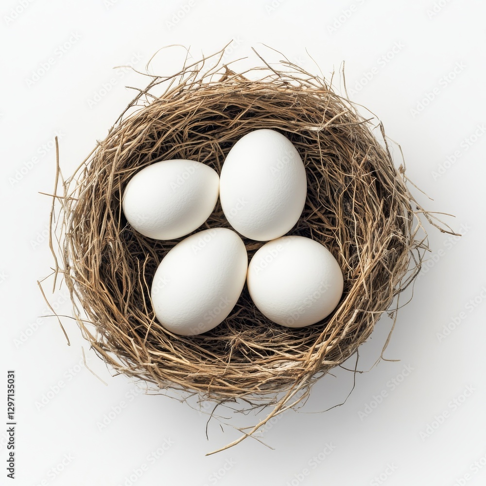 Nest Full of Promise: Four White Eggs Resting Comfortably, Symbolizing New Beginnings and Potential Hatching Nest Full of Promise: Four White Eggs Resting Comfortably, Symbolizing New Beginnings and Potential Hatching