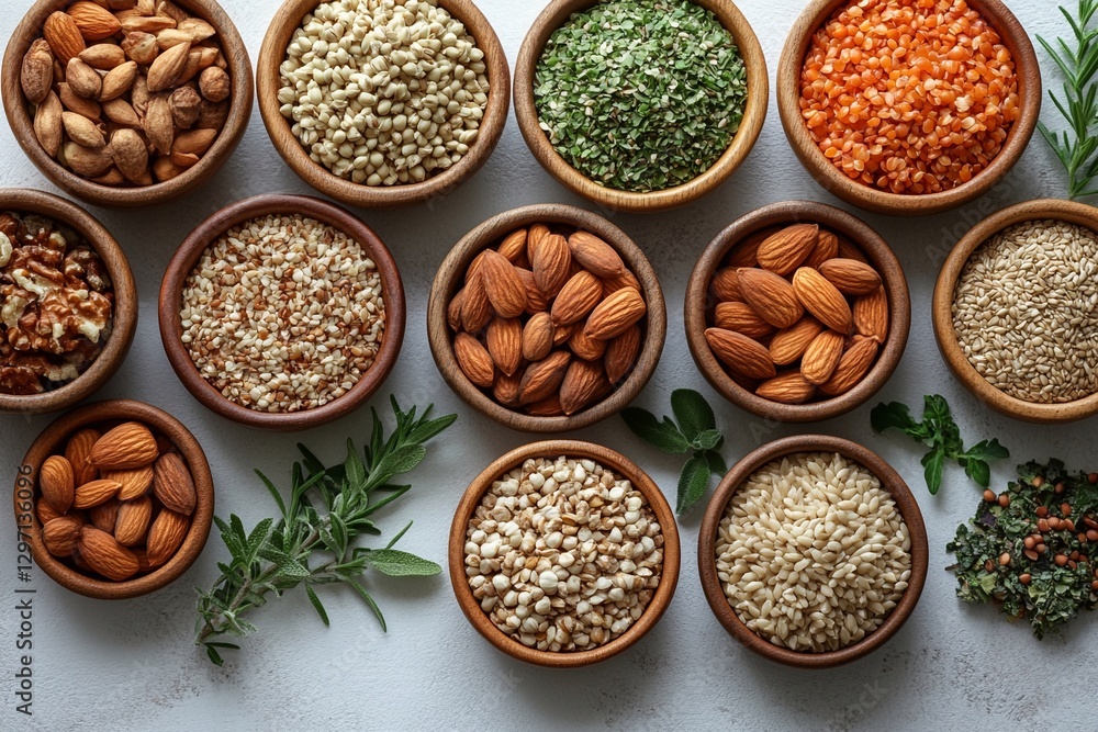 Variety of nuts, seeds, and herbs arranged in wooden bowls on a textured surface highlighting natural food preparation Variety of nuts, seeds, and herbs arranged in wooden bowls on a textured surface highlighting natural food preparation