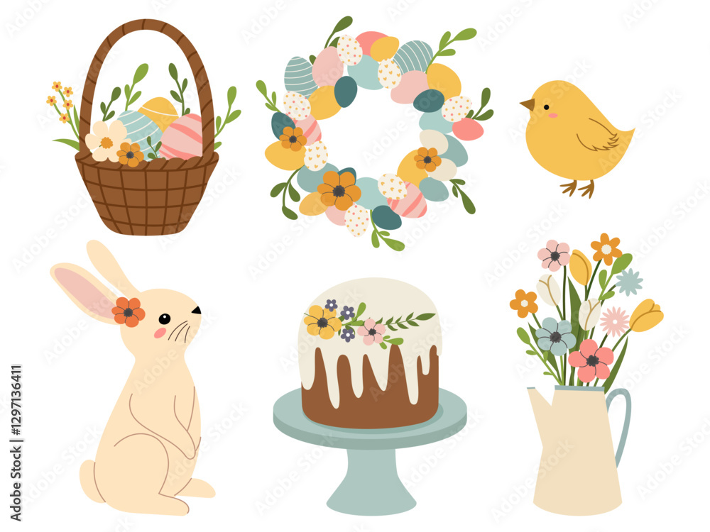 Naklejka premium Cute Easter set with bunny, bird, painted eggs and basket. Adorable Easter bunny with traditional holiday decor.