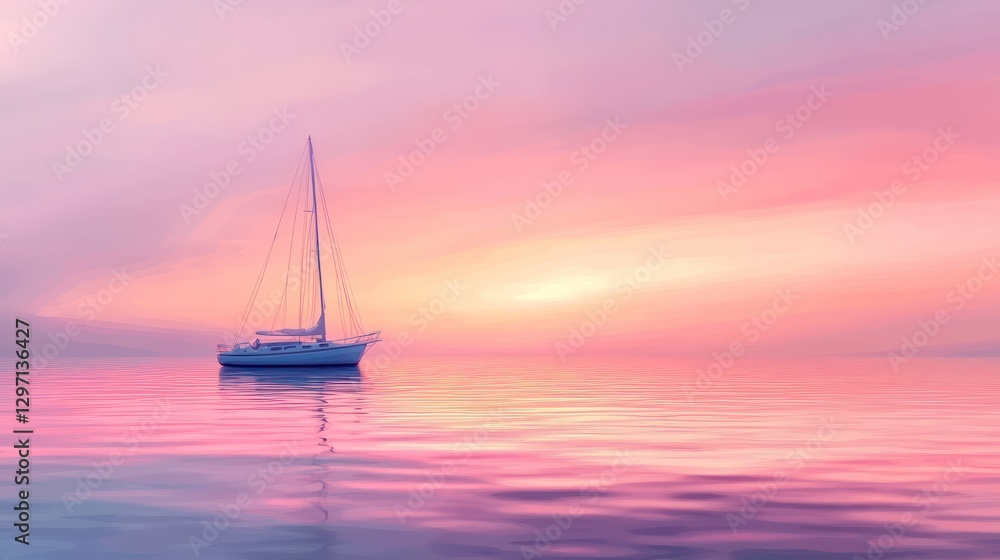 Fototapeta premium A Single Sailboat Drifts Silently Across Peaceful Waters At Sunset