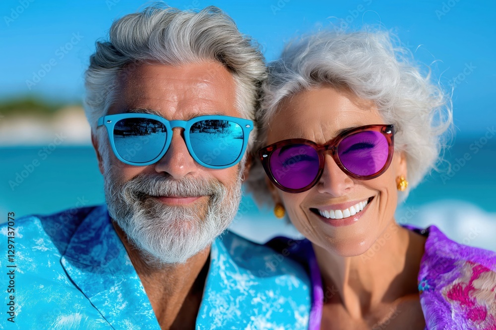 Happy senior couple enjoys playful piggyback ride at beach under sunshine and gentle waves Happy senior couple enjoys playful piggyback ride at beach under sunshine and gentle waves