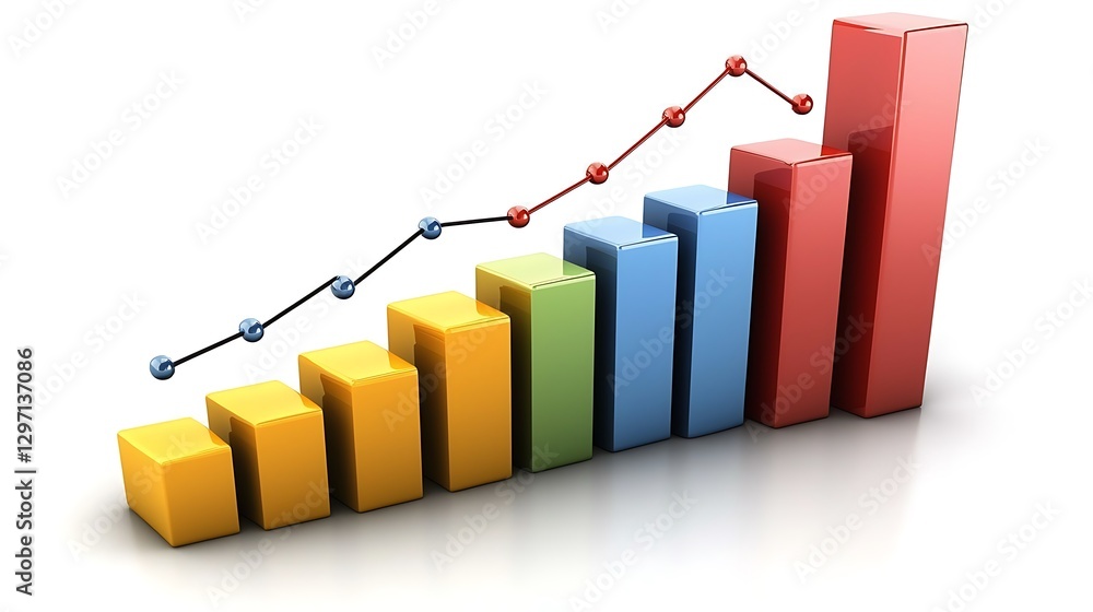 3D Bar Graph with Rising Colored Bars and Line Chart Showing Growth 3D Bar Graph with Rising Colored Bars and Line Chart Showing Growth