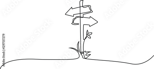 Road direction sign arrows isolated on white background. Continuous one line drawing. Vector illustration for banner, web, design element,