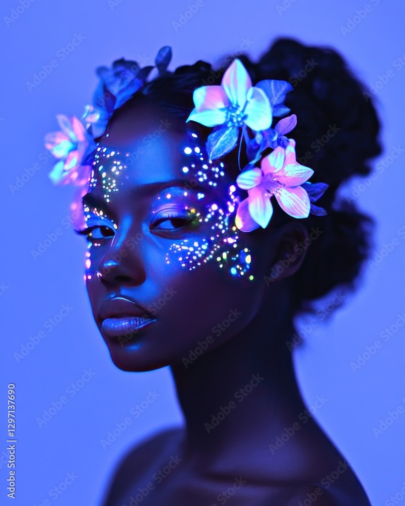 An artistic portrait in the dark with a black light (UV light) that highlights neon luminous elements. A model with a decorated face and body. The background is completely dark to accentuate the light An artistic portrait in the dark with a black light (UV light) that highlights neon luminous elements. A model with a decorated face and body. The background is completely dark to accentuate the light