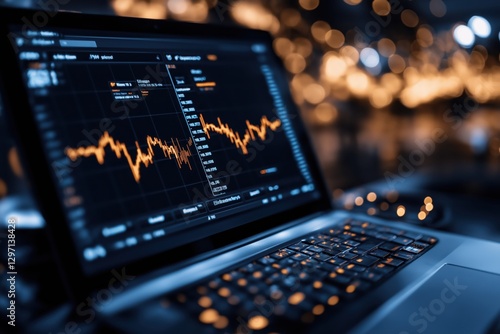 Close-up view of financial analyst's desk with charts and market indicators on a computer screen during trading hours